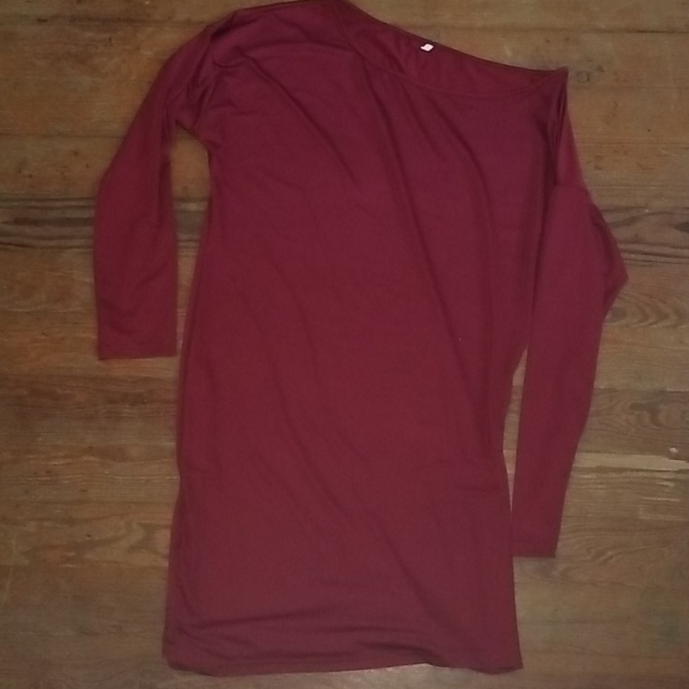 Wine red stretchy silky off the shoulder dress